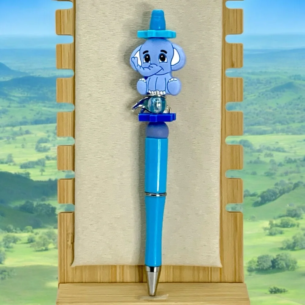 Elephant Baby Blue With Silver Beaded Ink Pen Handcrafted